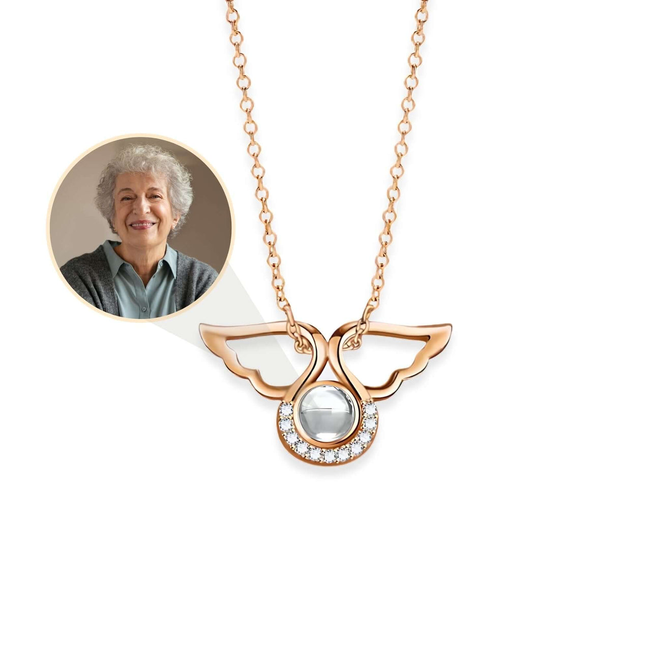 Angel Photo Necklace with angel wings design by Brother & Sisters, featuring a sparkling centerpiece for cherished memories.