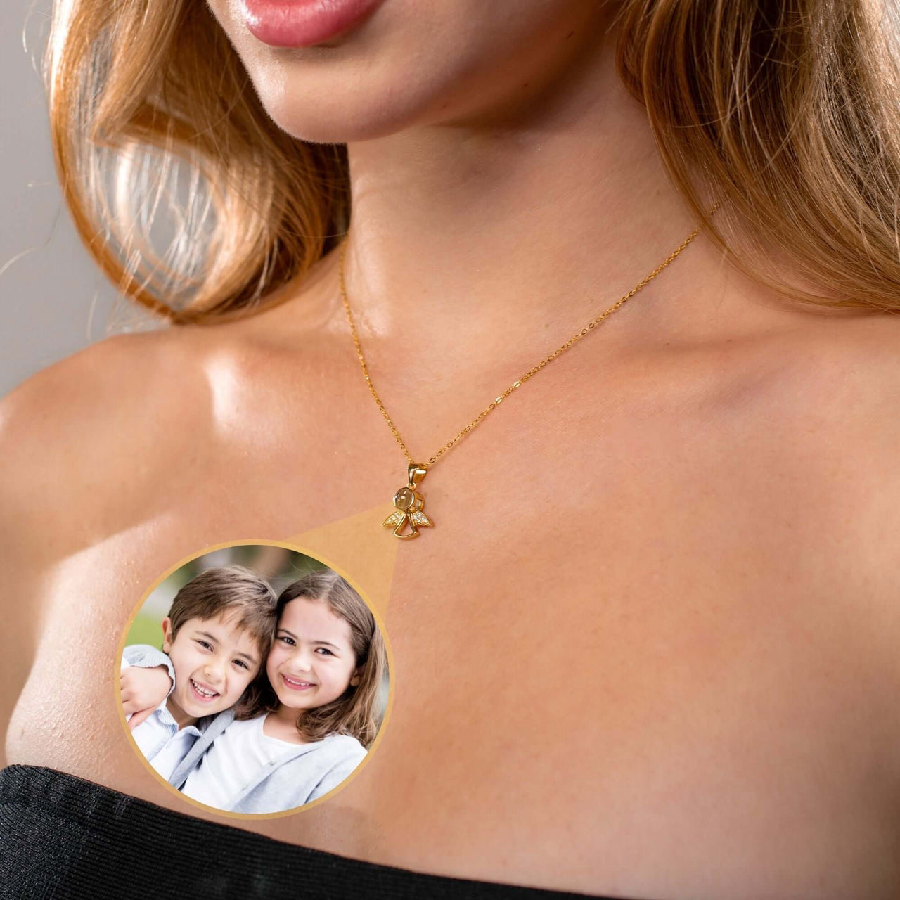 Angel Photo Necklace worn on a model, featuring a personalized photo projection by Brother & Sisters.