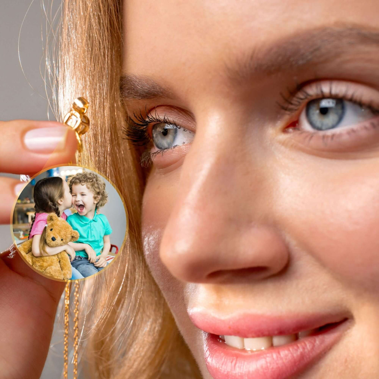 Woman wearing an Angel Photo Necklace with kids’ photo, personalized jewelry by Brother & Sisters.