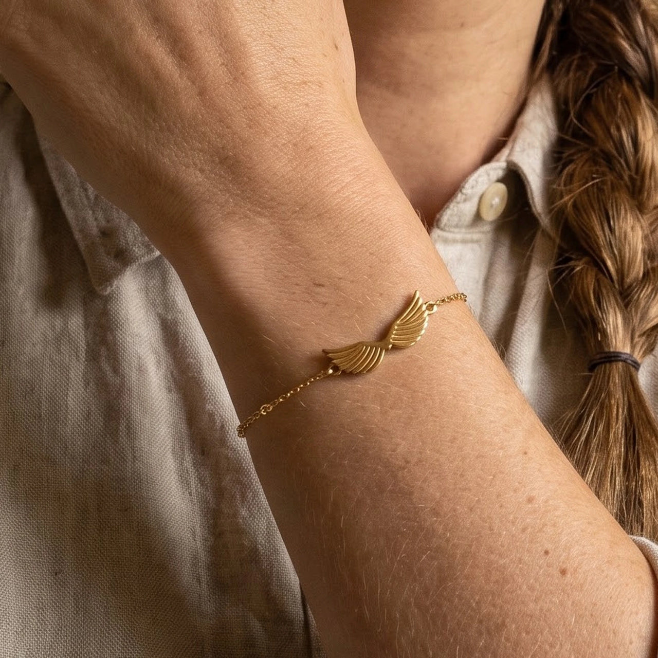 The gold bracelet worn, close-up | SKU: 42006-gold