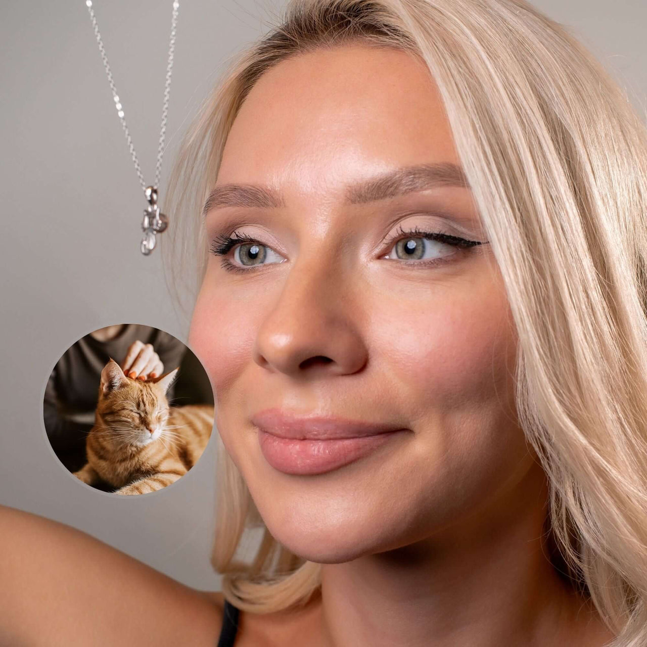 Animal Photo Necklace featuring a personalized pendant showing a cat close to the heart, by Brother & Sisters.