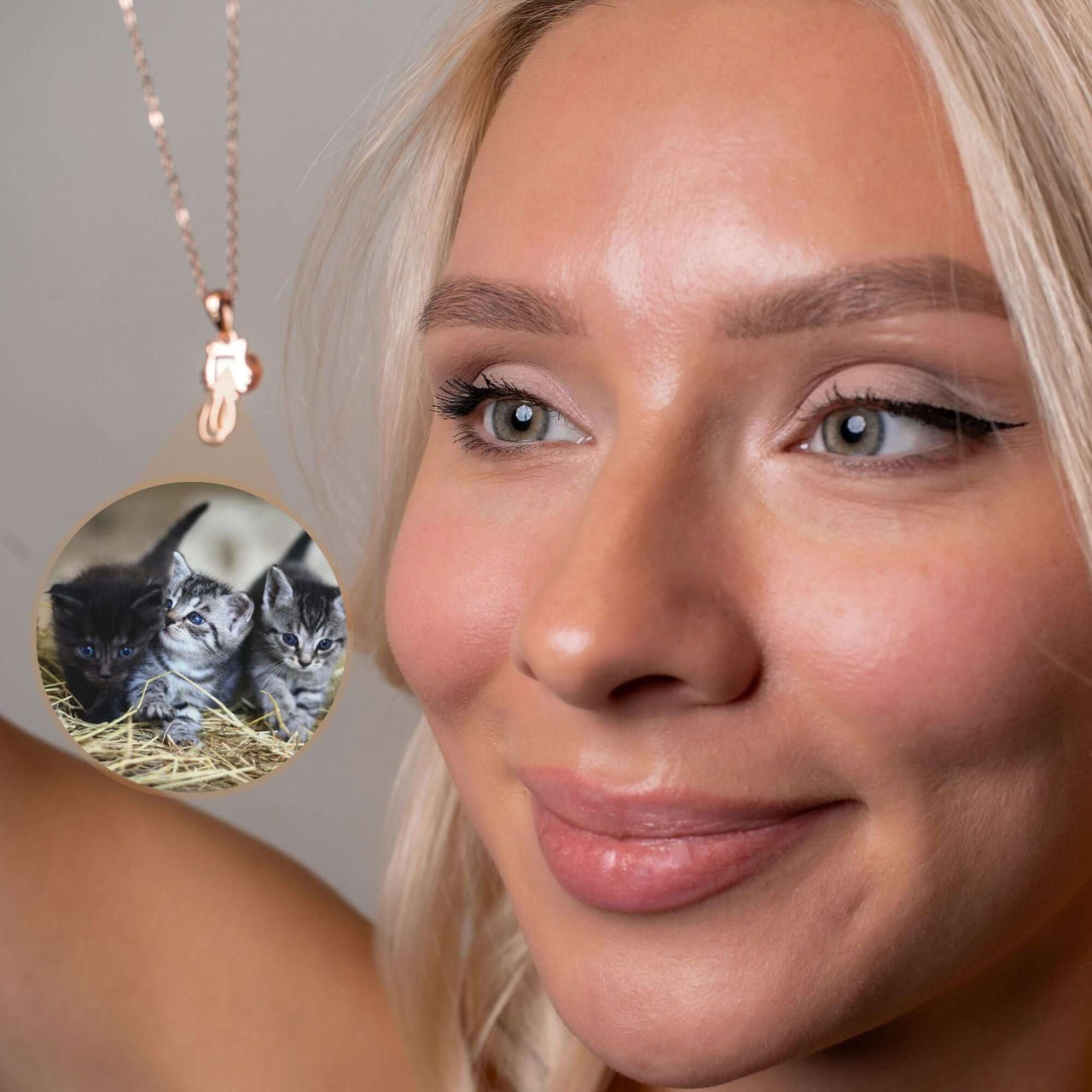 Animal Photo Necklace featuring a personalized pendant with adorable kittens, showcasing a pet lover's treasured keepsake from Brother & Sisters.