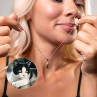 Thumbnail for Woman showcasing an Animal Photo Necklace featuring a custom photo pendant of her cat, made by Brother & Sisters.