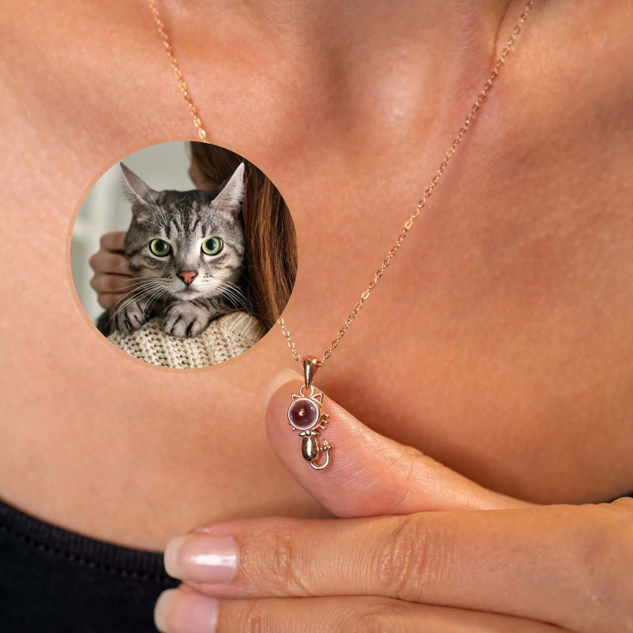 Animal Photo Necklace featuring a cat pendant by Brother & Sisters, personalized jewelry for pet lovers.