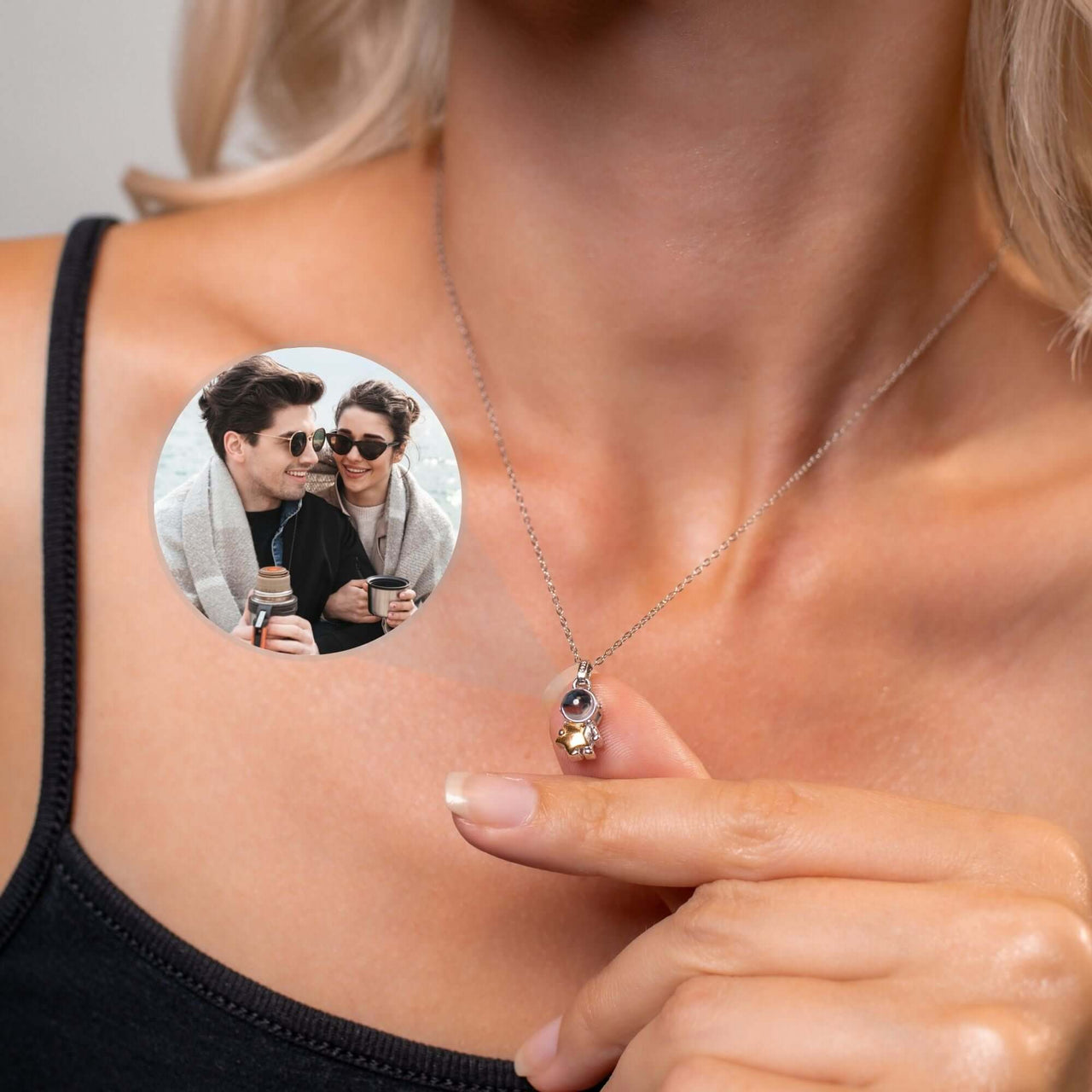 Astronaut Photo Necklace featuring custom photo pendant showcasing loved ones by Brother & Sisters.