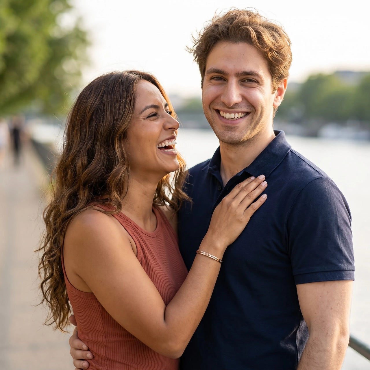 Couple moment, she wears the Be Gorgeous, Be Yourself bracelet in rose gold | SKU: bgby-rg