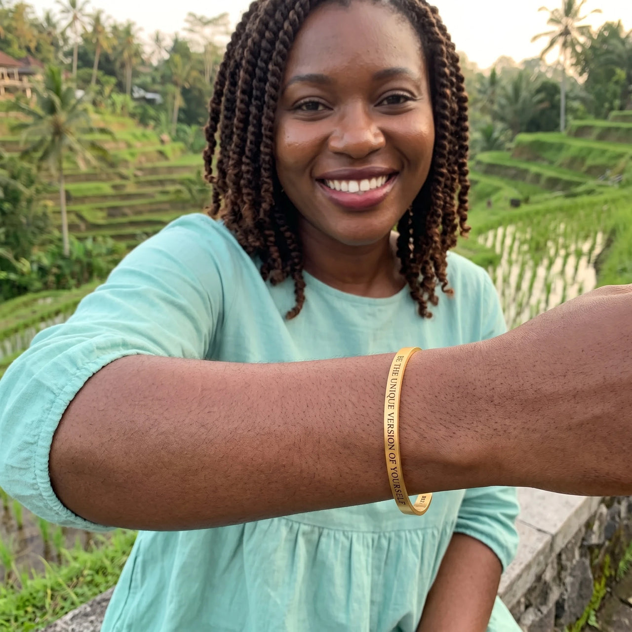 Be The Unique Version Of Yourself bracelet in gold worn on a getaway | SKU: btuvoy-g