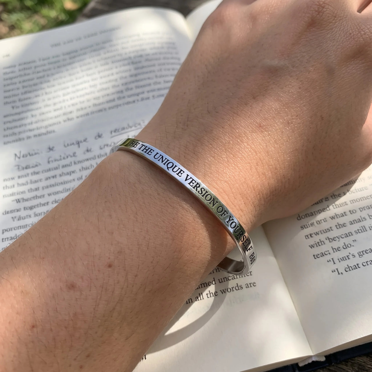 Be The Unique Version Of Yourself bracelet in silver worn, showing its real size | SKU: btuvoy-wg