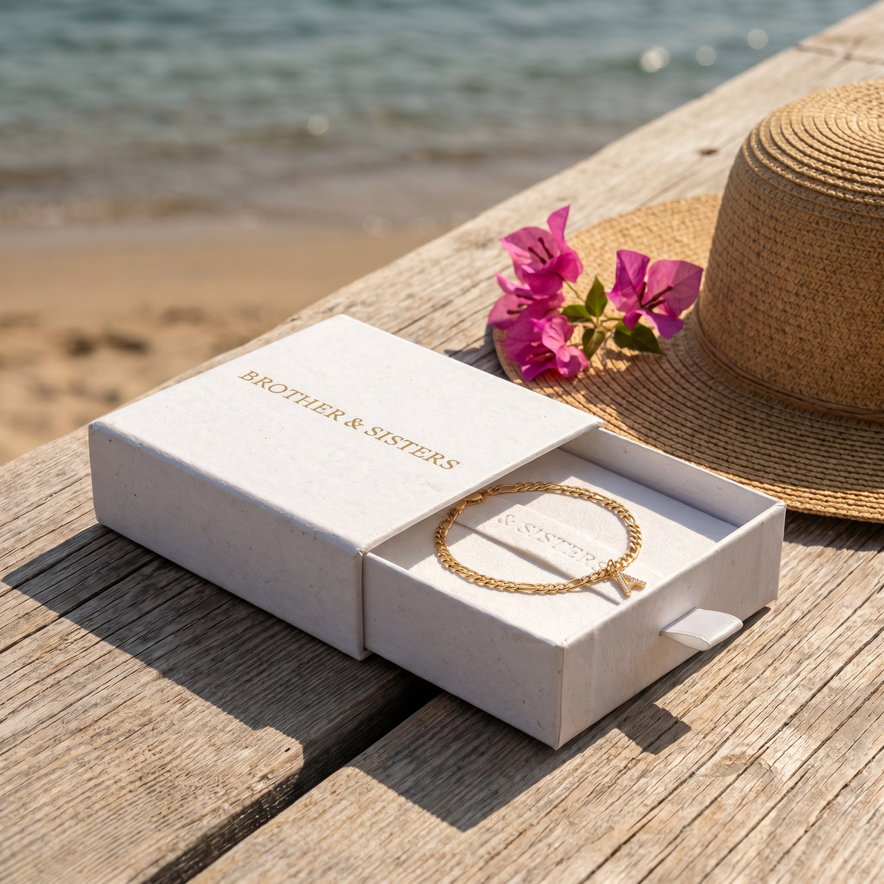 Pavé Initial Anklet in Brother & Sisters gift box on beach
