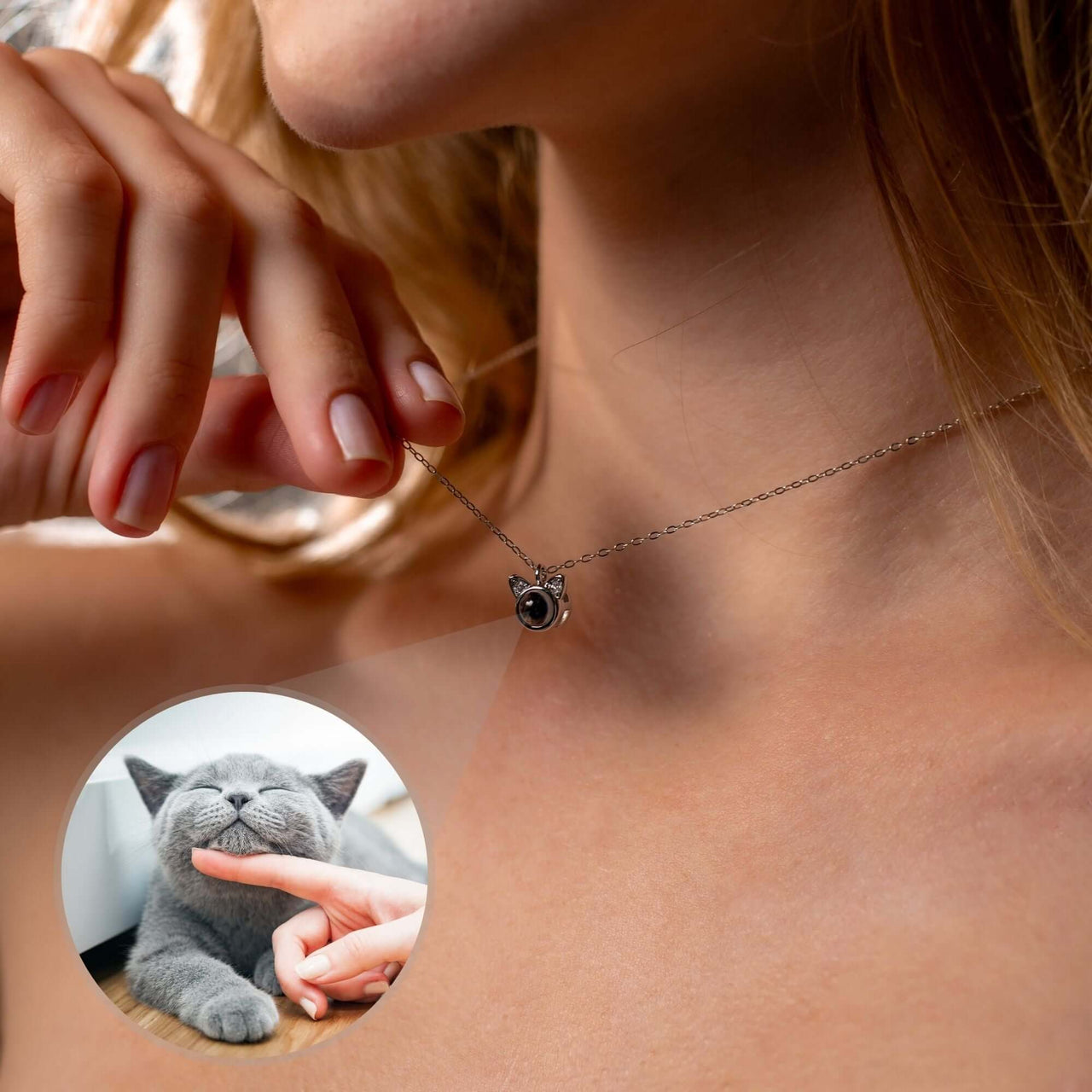 Cat Photo Necklace showcasing a hidden photo feature of a cat, personalized jewelry by Brother & Sisters.