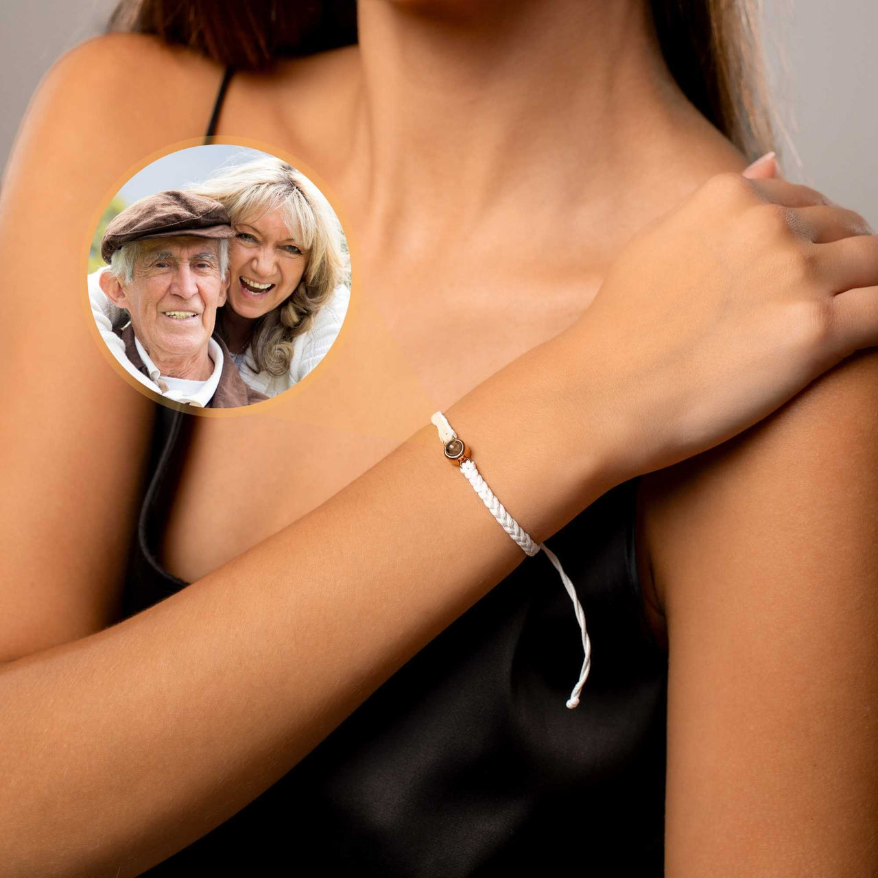 White Photo Bracelet by Brother & Sisters, featuring a personalized circle pendant with a beloved photo.