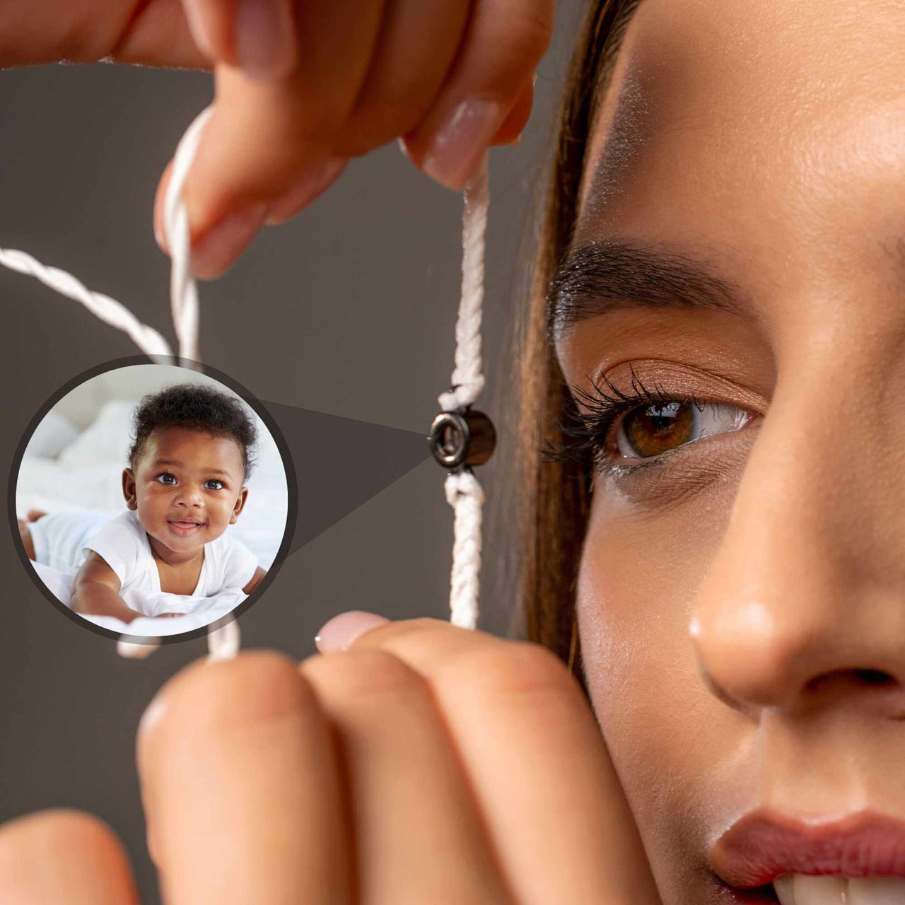 Close-up of woman holding White Photo Bracelet with personalized photo pendant by Brother & Sisters.