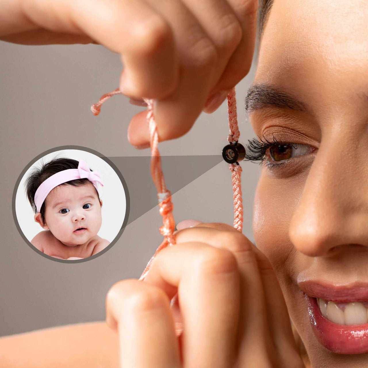 Close-up of a woman wearing the Pink Photo Bracelet, featuring a personalized photo of a baby, by Brother & Sisters.