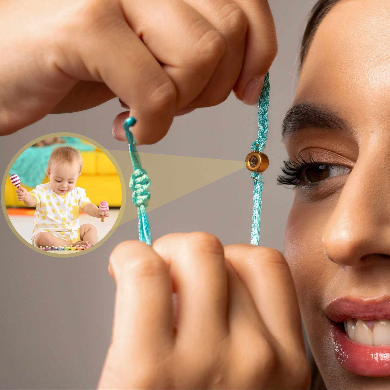 Woman adjusting the Blue Photo Bracelet with a child playing in the background, showcasing personalization by Brother & Sisters.