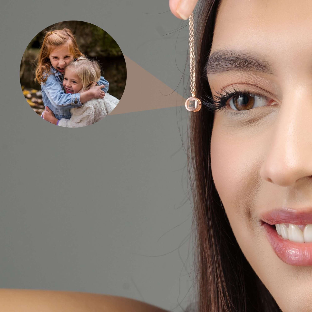 Personalised Circle Necklace featuring a custom picture, showcasing a woman holding the pendant by Brother & Sisters.