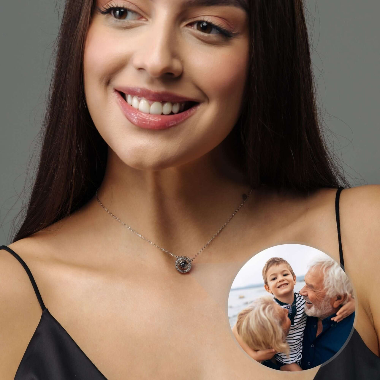 Circular Photo Necklace worn by a woman showcasing a customizable photo projection pendant from Brother & Sisters.