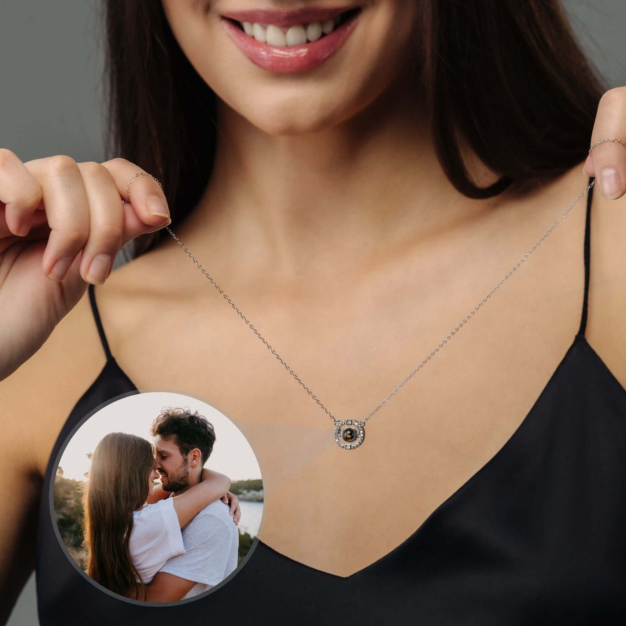 Circular Photo Necklace worn by a woman showcasing a customisable photo projection from Brother & Sisters.