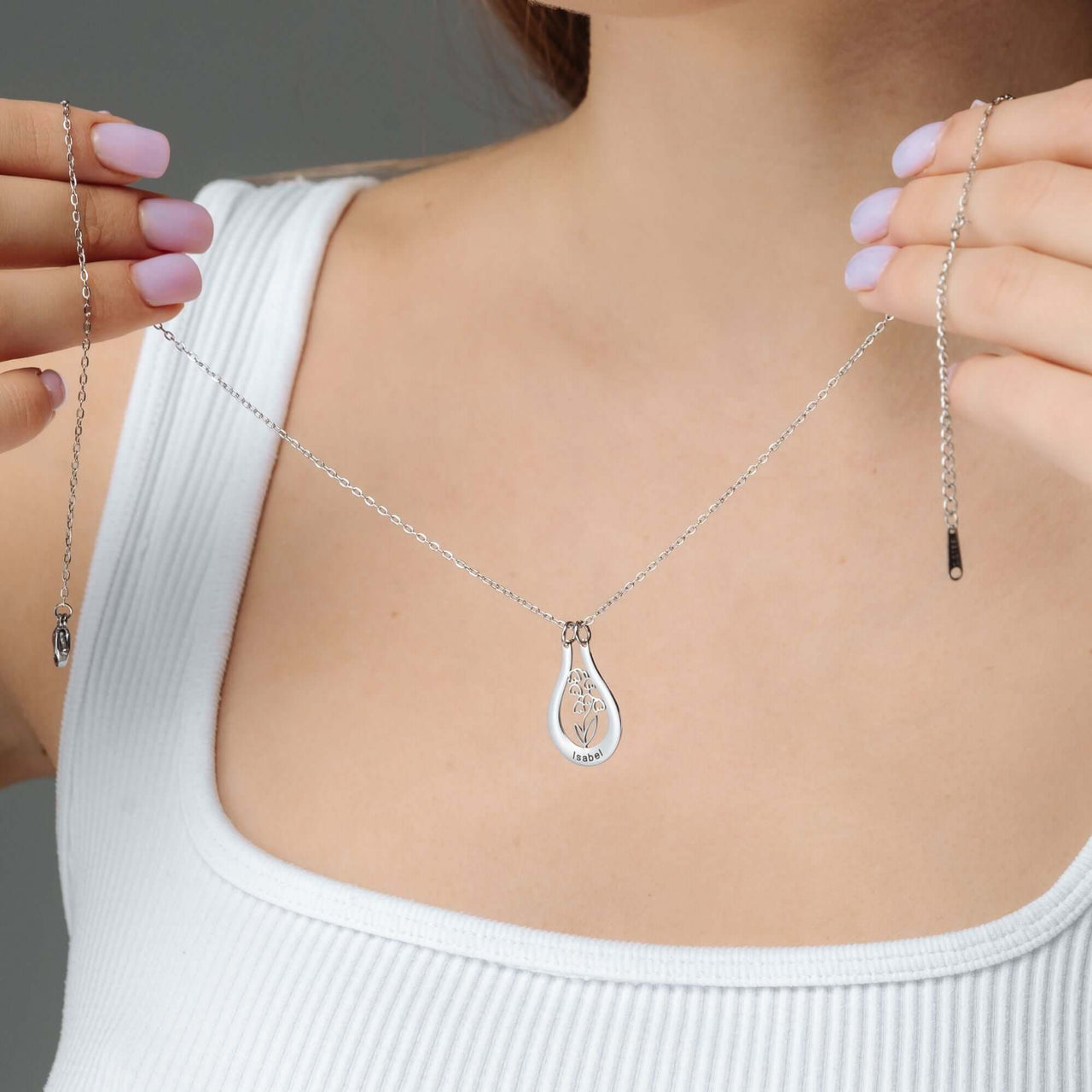 Birth Flower Name Necklace by Brother & Sisters on model, showcasing personalized birth flower design.