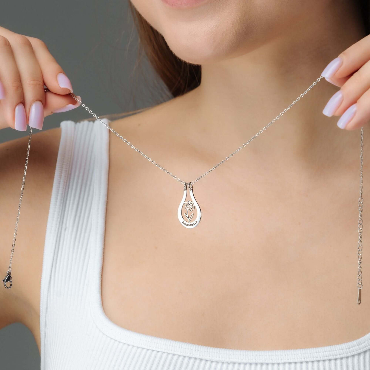 Birth Flower Name Necklace showcased on a model, featuring personalized design by Brother & Sisters.