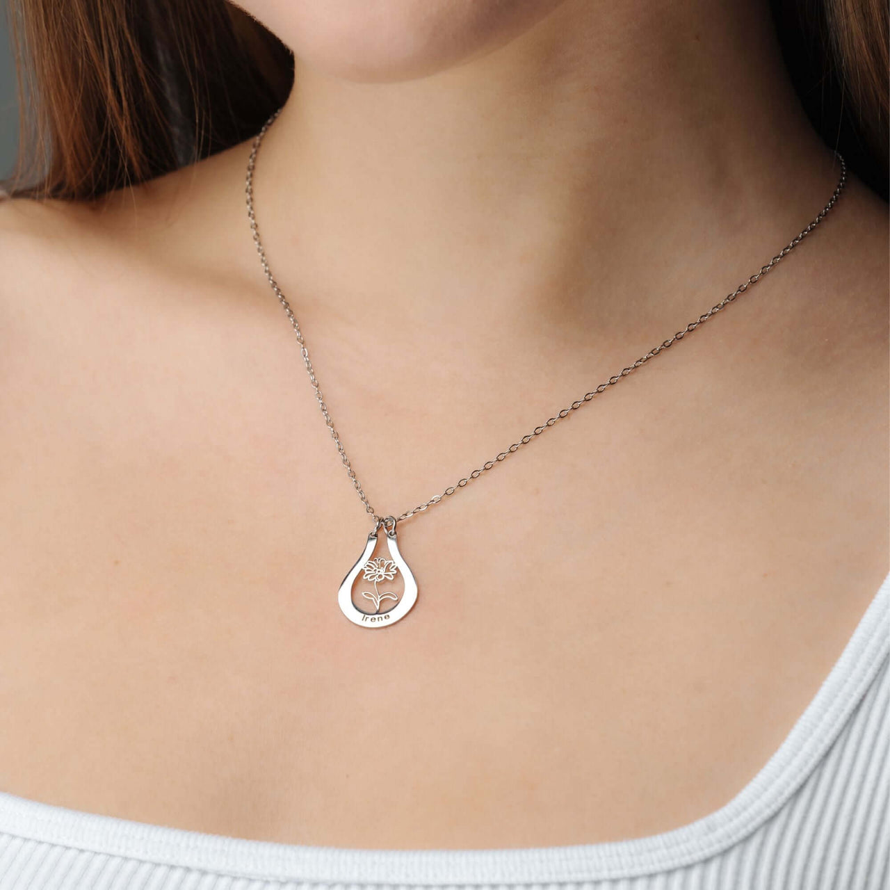 Birth Flower Name Necklace by Brother & Sisters displayed on a model, featuring personalized birth flower design.