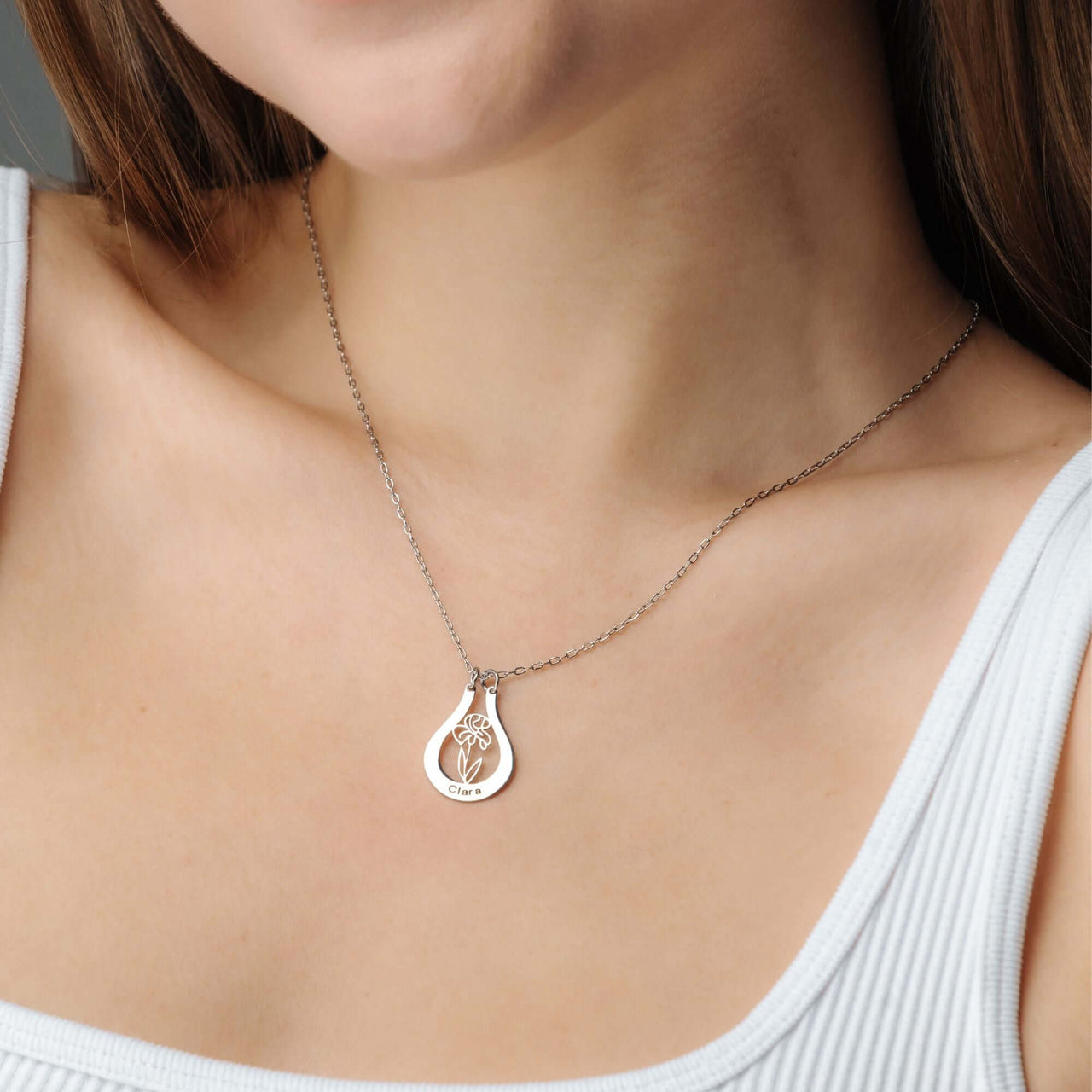 Birth Flower Name Necklace featuring a personalized pendant with birth flower design by Brother & Sisters.