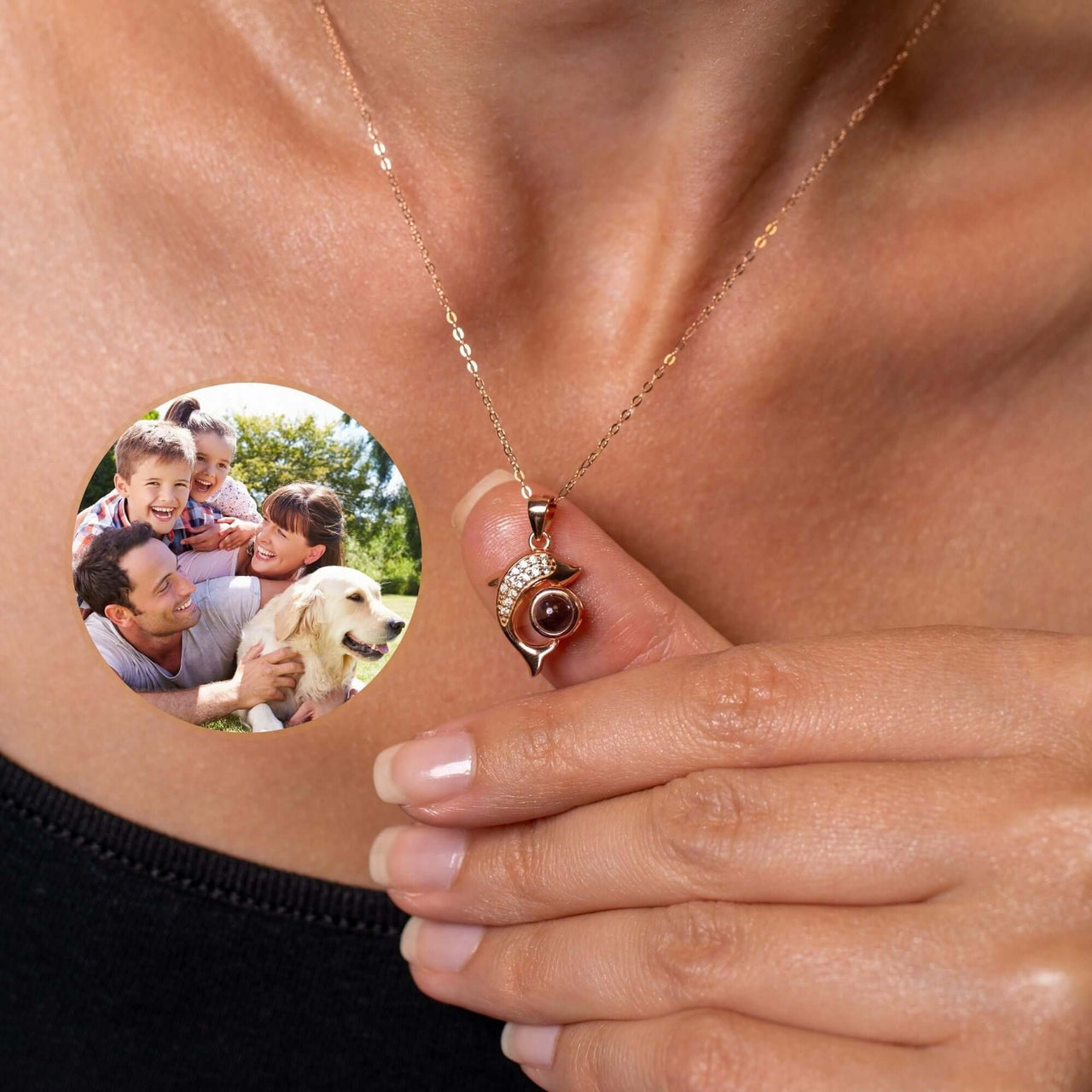 Dolphin Photo Necklace showcasing a custom photo pendant, perfect for personalisation and memories by Brother & Sisters.