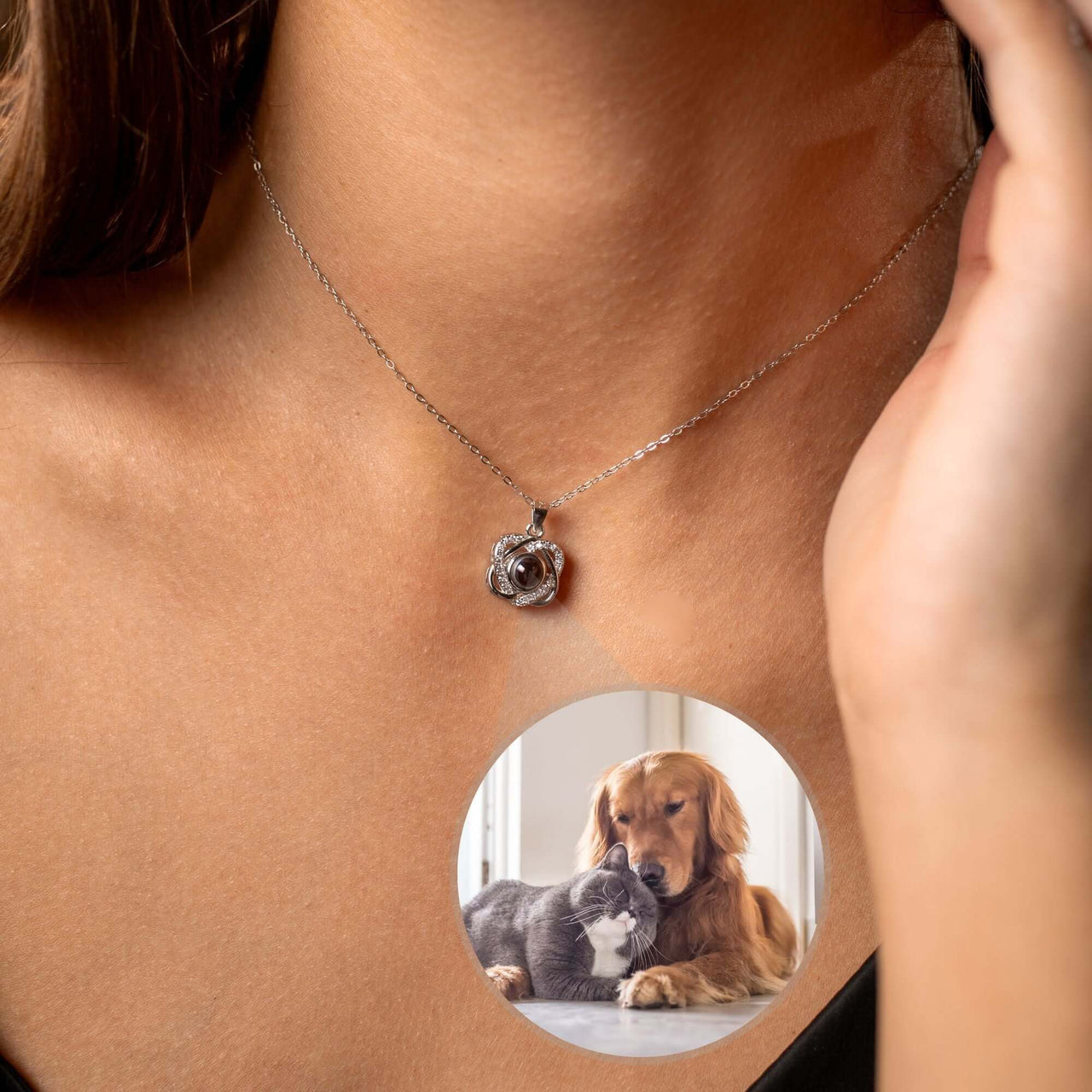 Double Heart Photo Necklace showcasing a dual-heart design and a lovely photo projection feature by Brother & Sisters.
