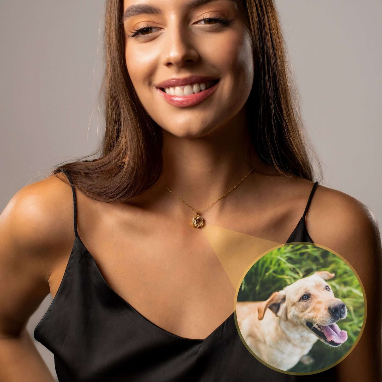 Double Heart Photo Necklace showcasing a woman wearing it, revealing a cute dog photo projection.