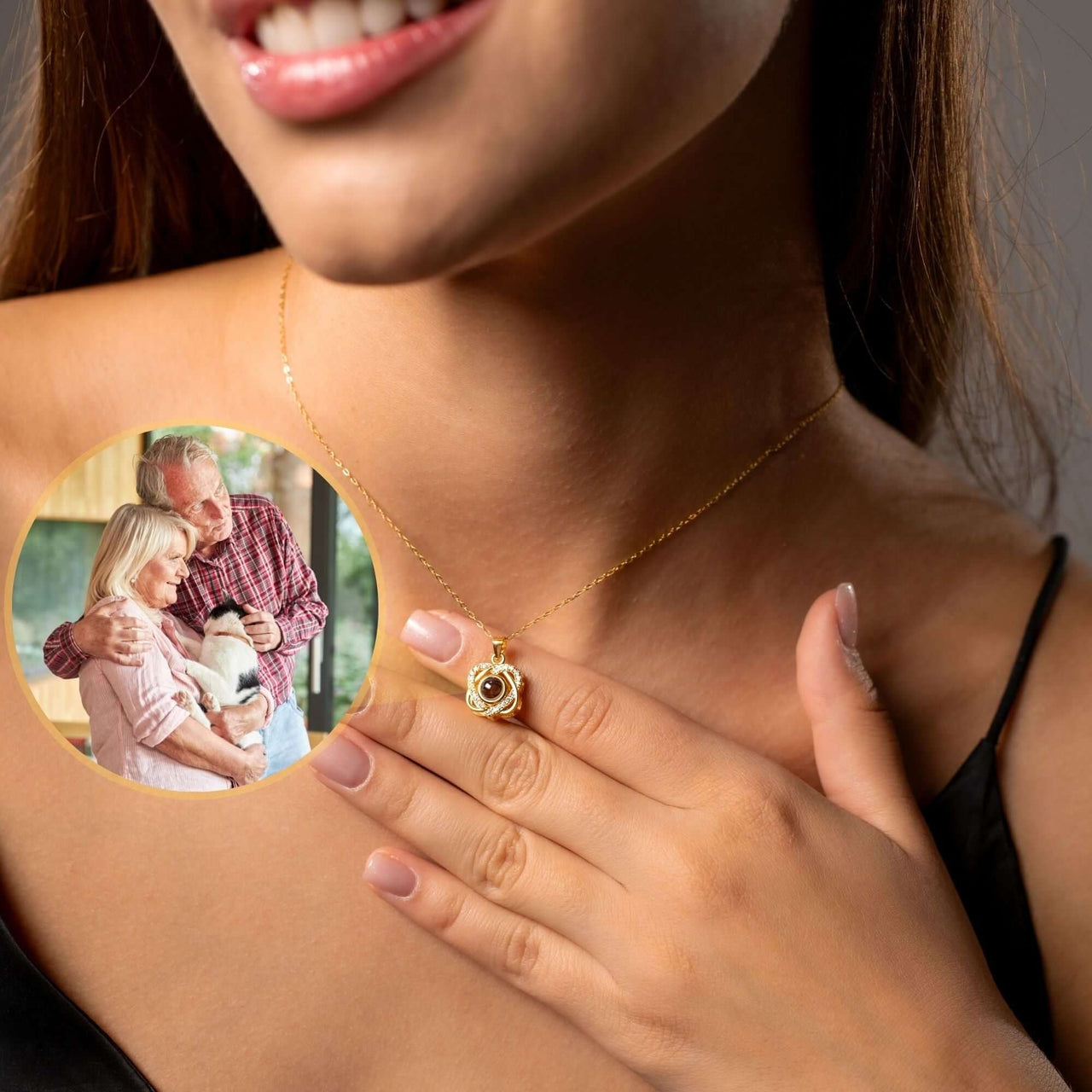 Double Heart Photo Necklace worn by a woman, featuring a hidden photo projection, by Brother & Sisters.
