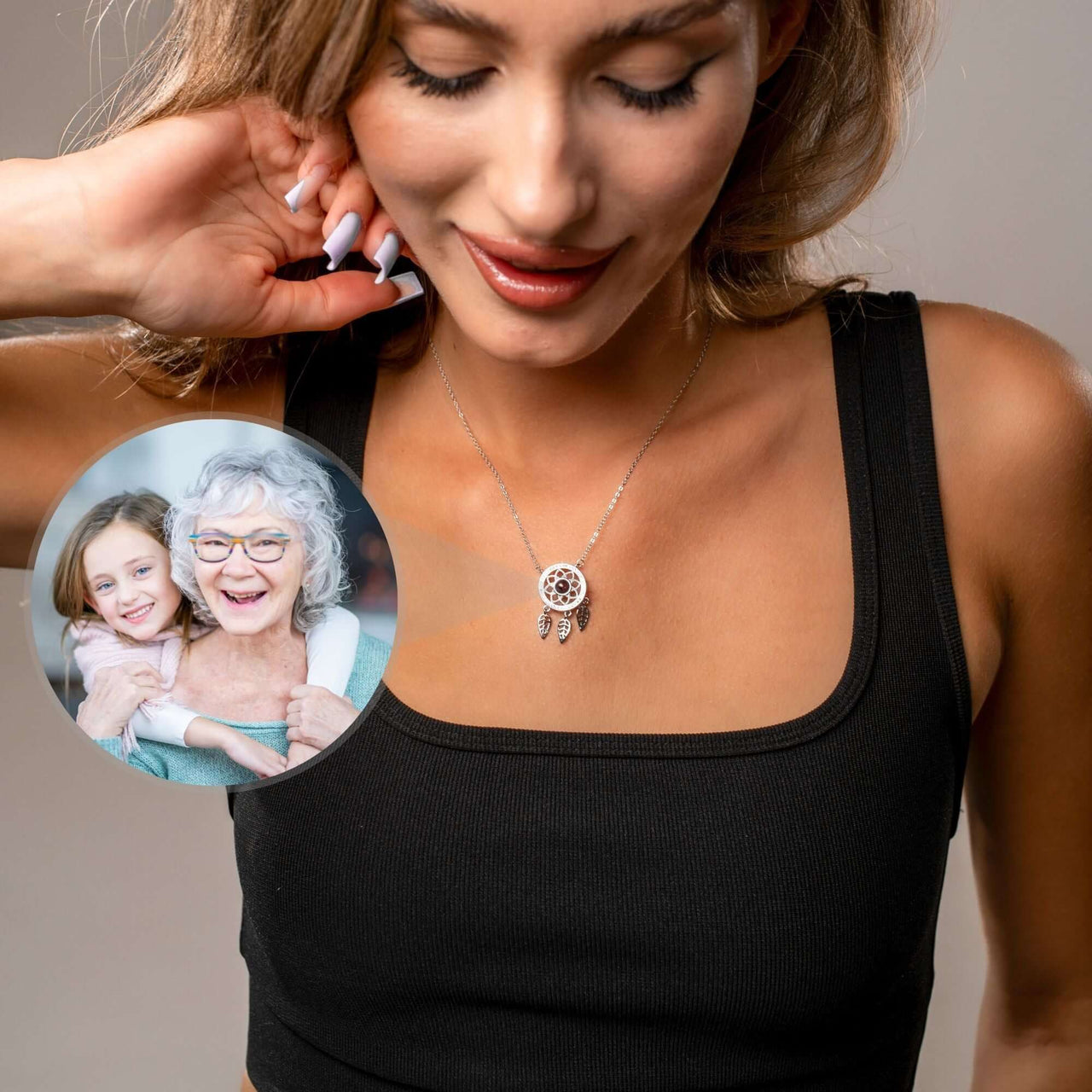 Dream Catcher Photo Necklace worn by a woman, showcasing a cherished photo locket of family, by Brother & Sisters.