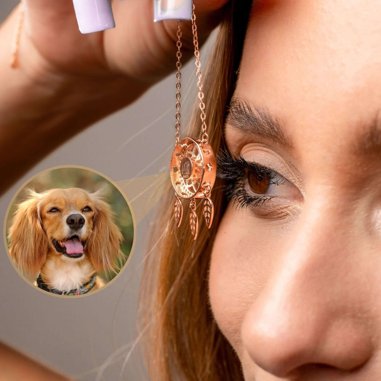 Dream Catcher Photo Necklace by Brother & Sisters, featuring a photo projection of a happy dog.