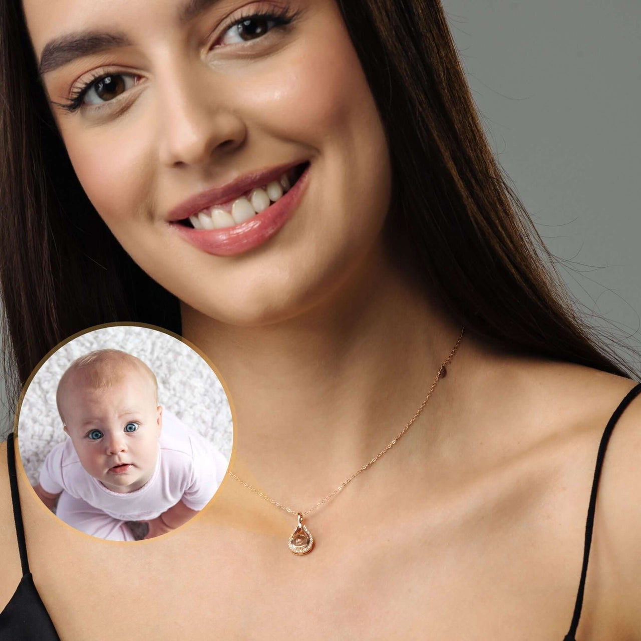 Drop Photo Necklace worn by smiling woman featuring a personalized photo pendant from Brother & Sisters.