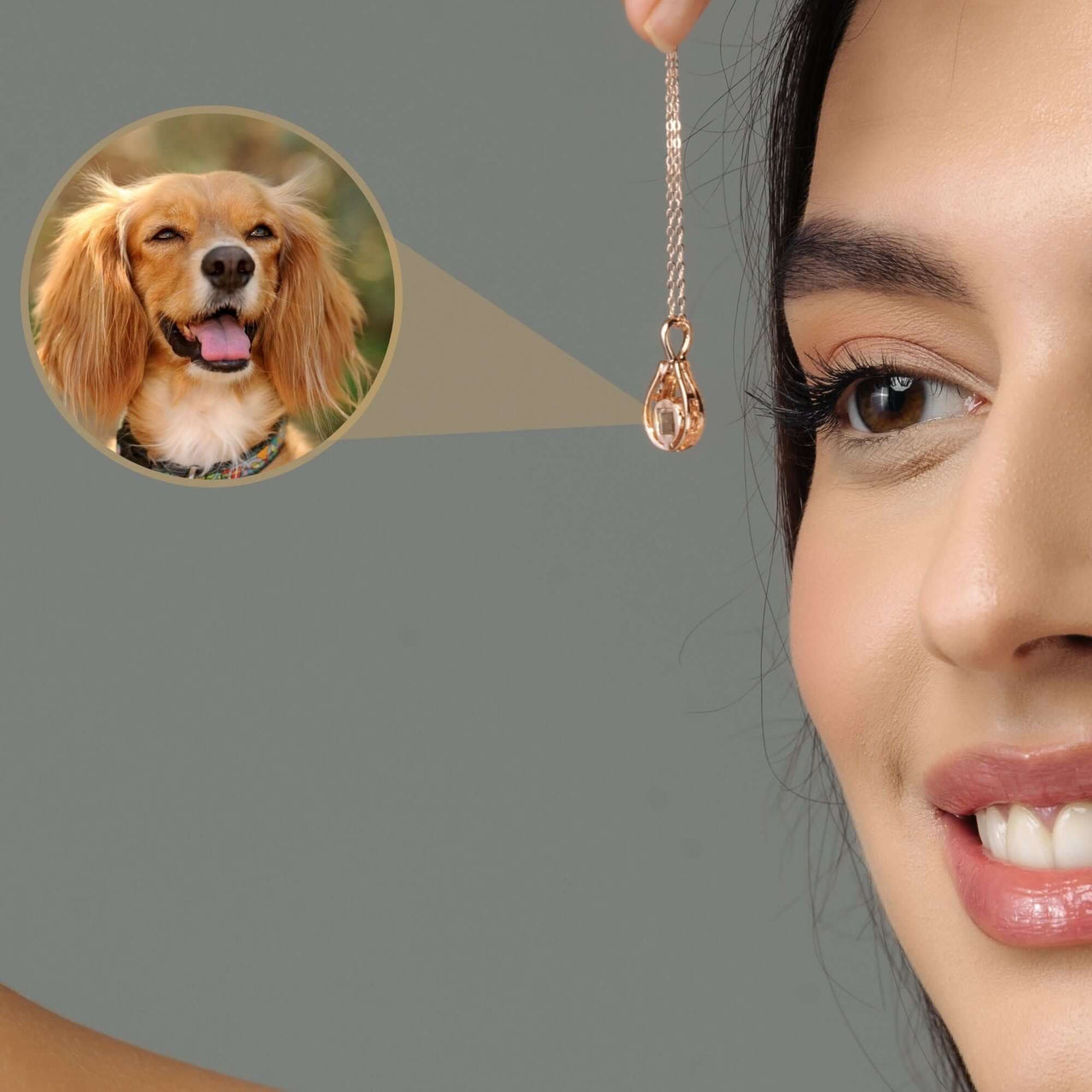 Drop Photo Necklace with a stylish pendant showcasing a dog's photo on display.