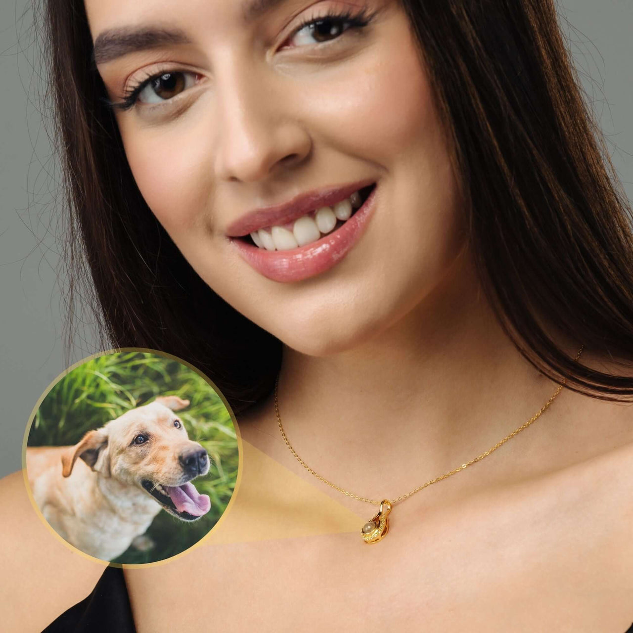 Woman wearing Drop Photo Necklace featuring a pendant with a sweet dog photo by Brother & Sisters.
