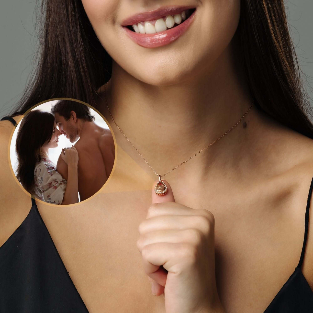 Drop Photo Necklace worn by a woman, featuring a personalized photo pendant by Brother & Sisters.