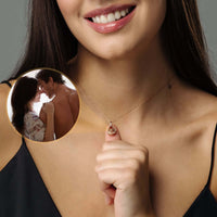Thumbnail for Drop Photo Necklace worn by a woman, featuring a personalized photo pendant by Brother & Sisters.