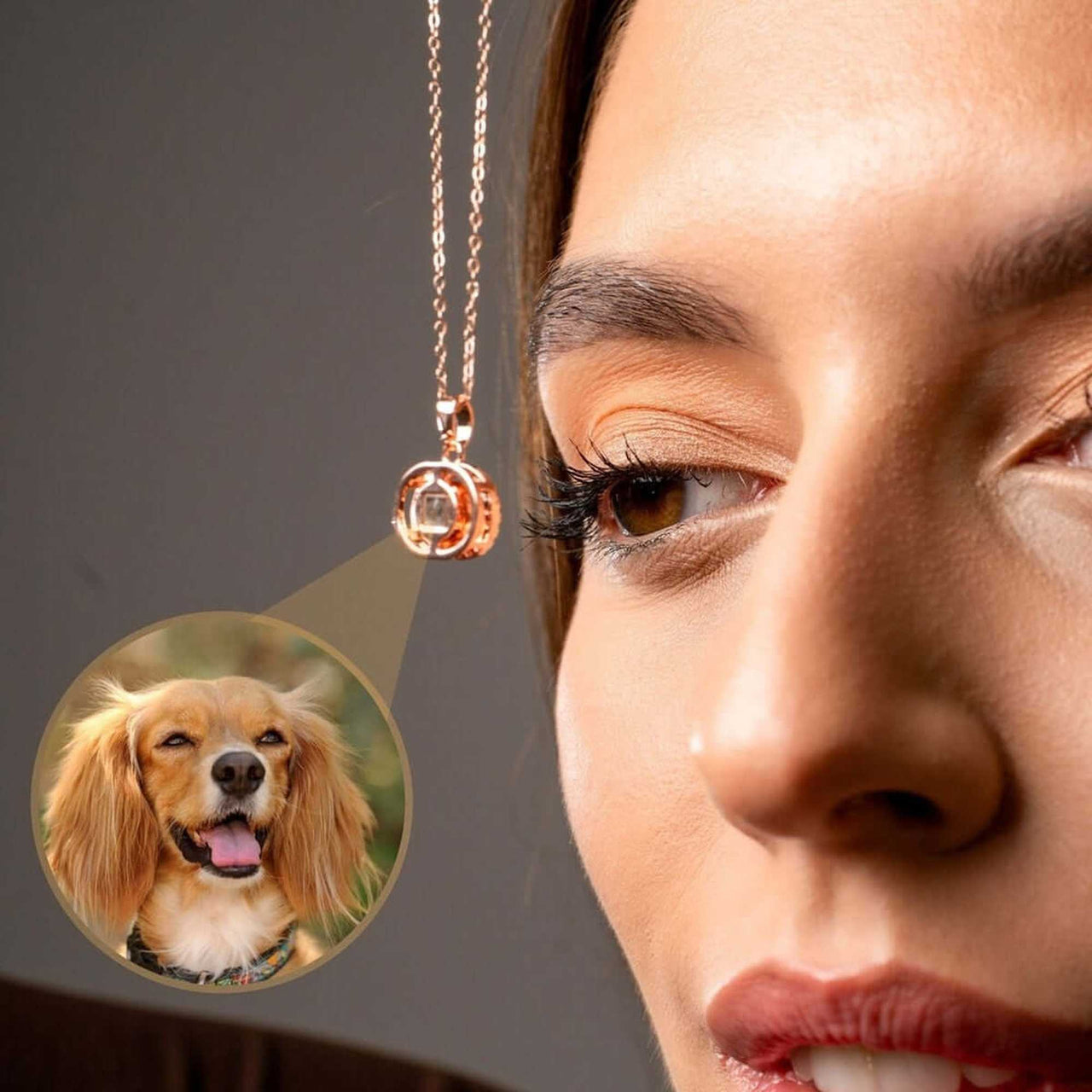 Woman wearing a Duo Photo Necklace featuring a custom photo of a dog, showcasing the Brother & Sisters brand.