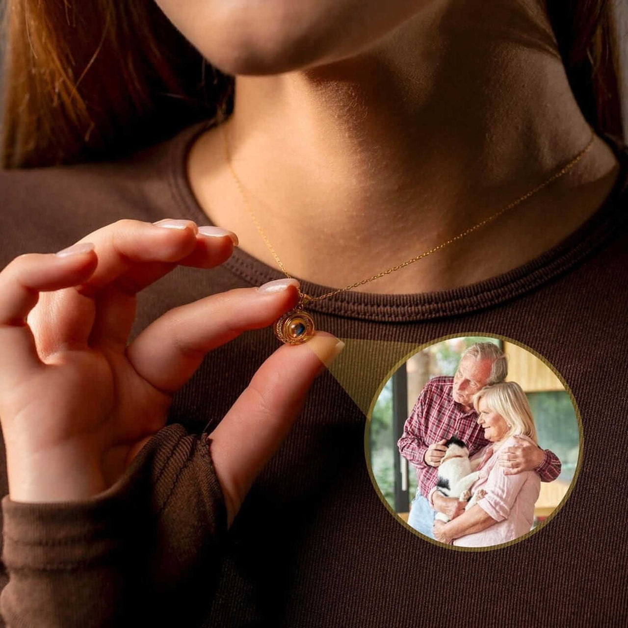 Duo Photo Necklace from Brother & Sisters, featuring a customizable projection pendant with a cherished photo.