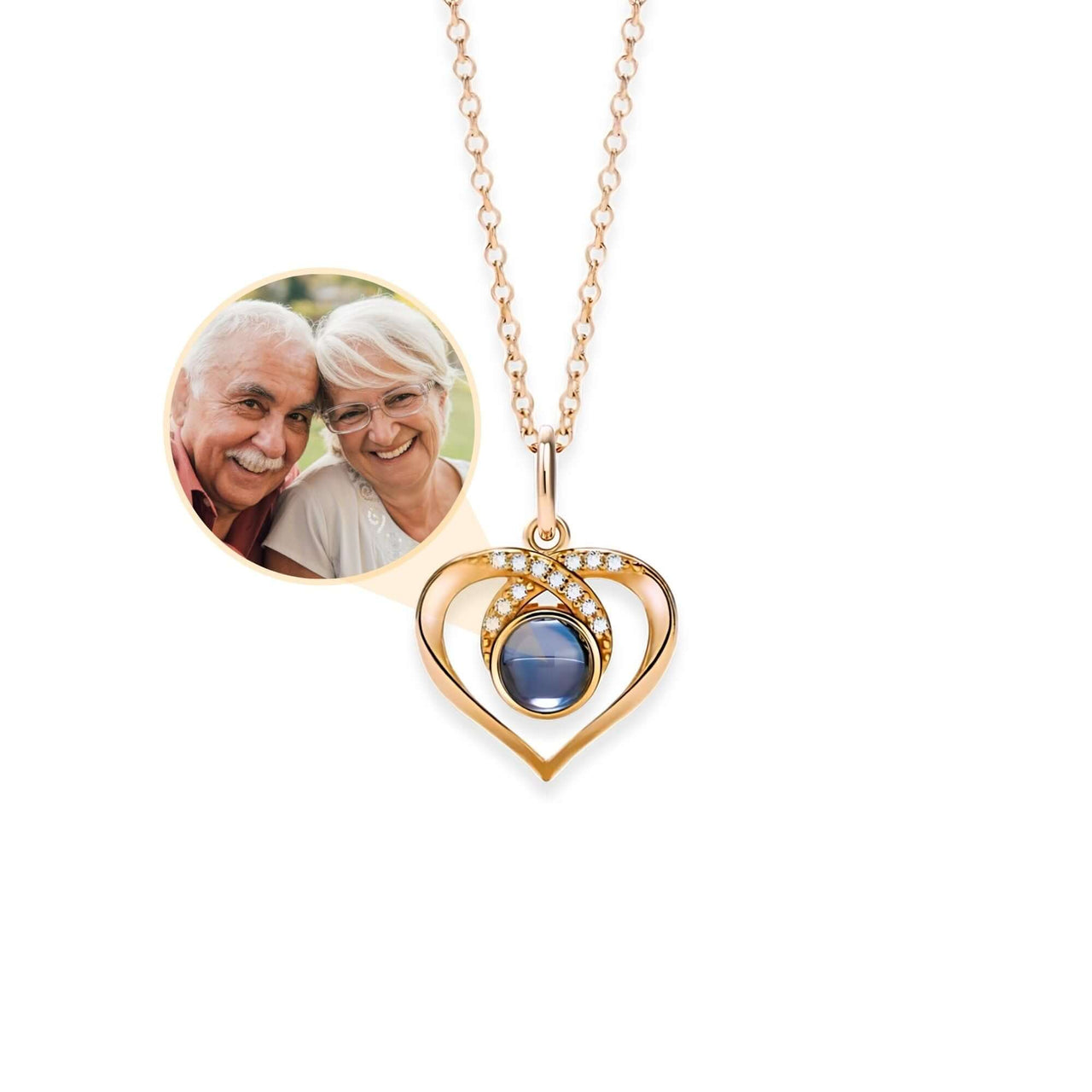 Eternal Photo Necklace by Brother & Sisters with heart charm and photo projection of a couple.