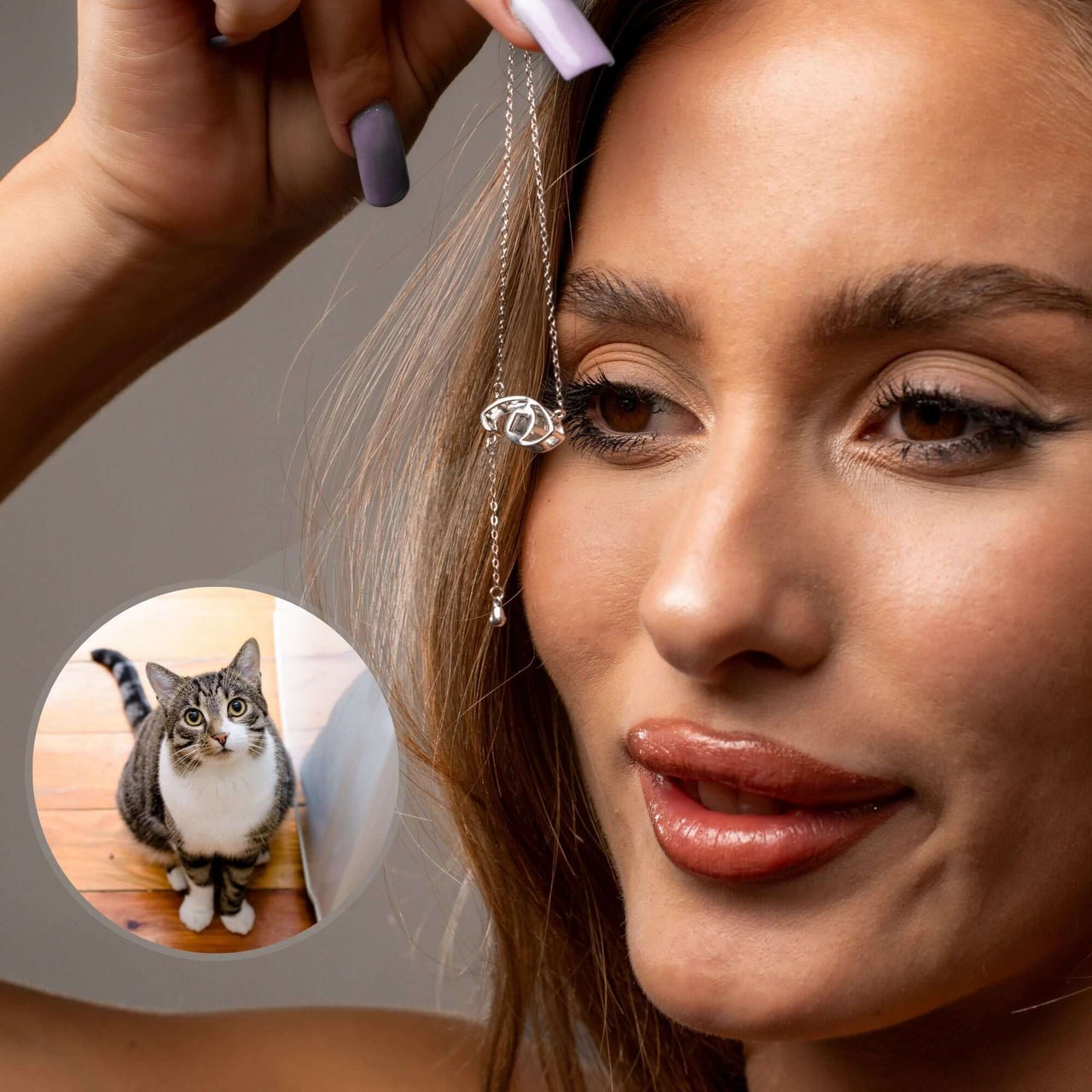 Woman wearing Eye Photo Necklace with a cat photo, featuring a customized eye-shaped pendant by Brother & Sisters.