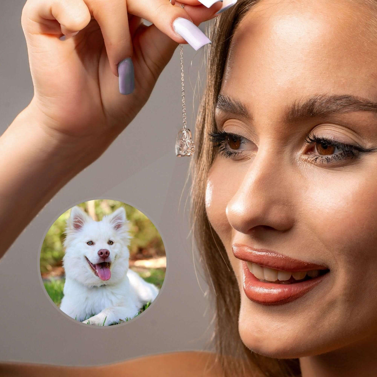 Family Photo Bracelet featuring a woman's hand holding a pendant with a dog photo, symbolizing cherished memories.
