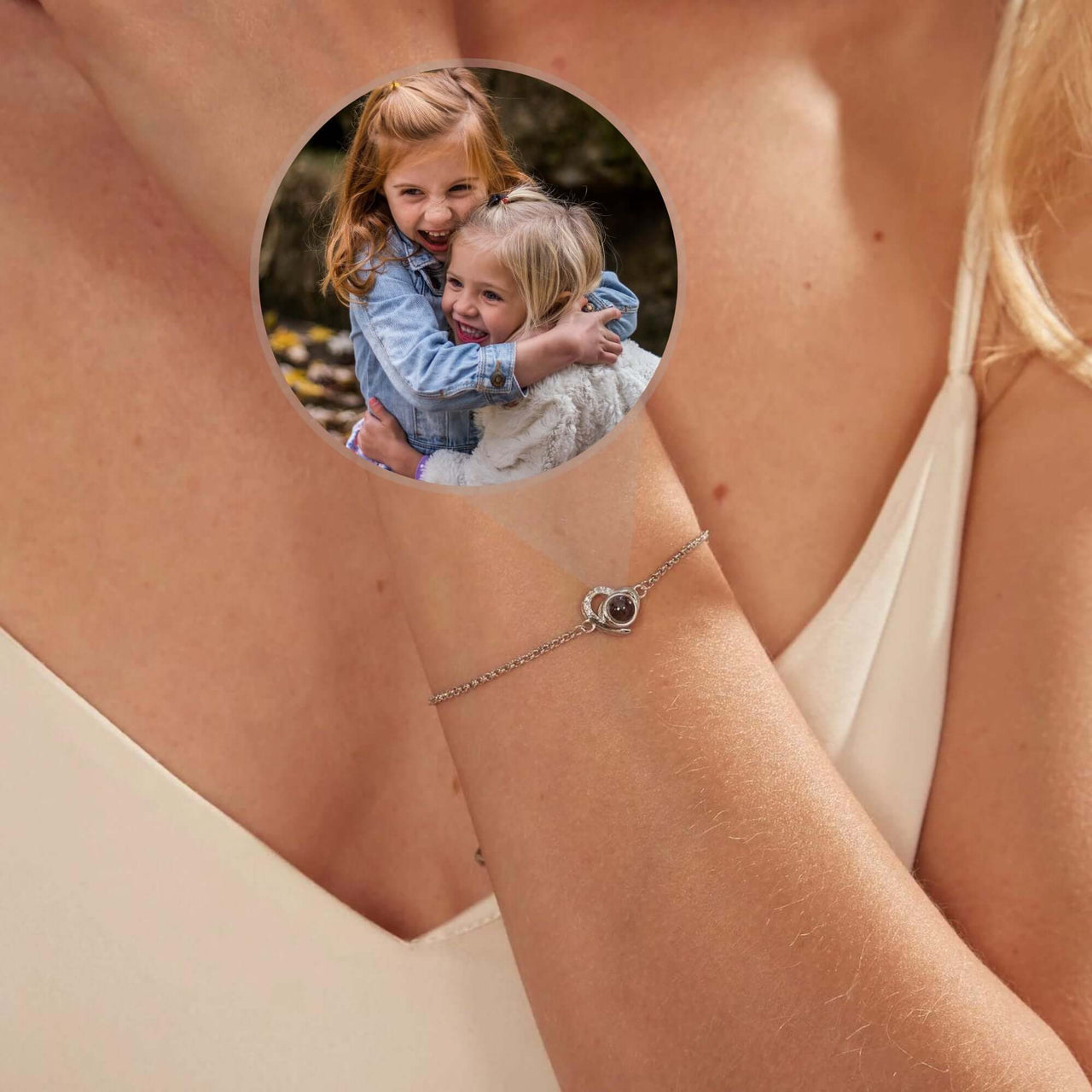 Favorite Photo Bracelet showcasing a cherished photo of two girls, by Brother & Sisters, a stylish memory accessory.