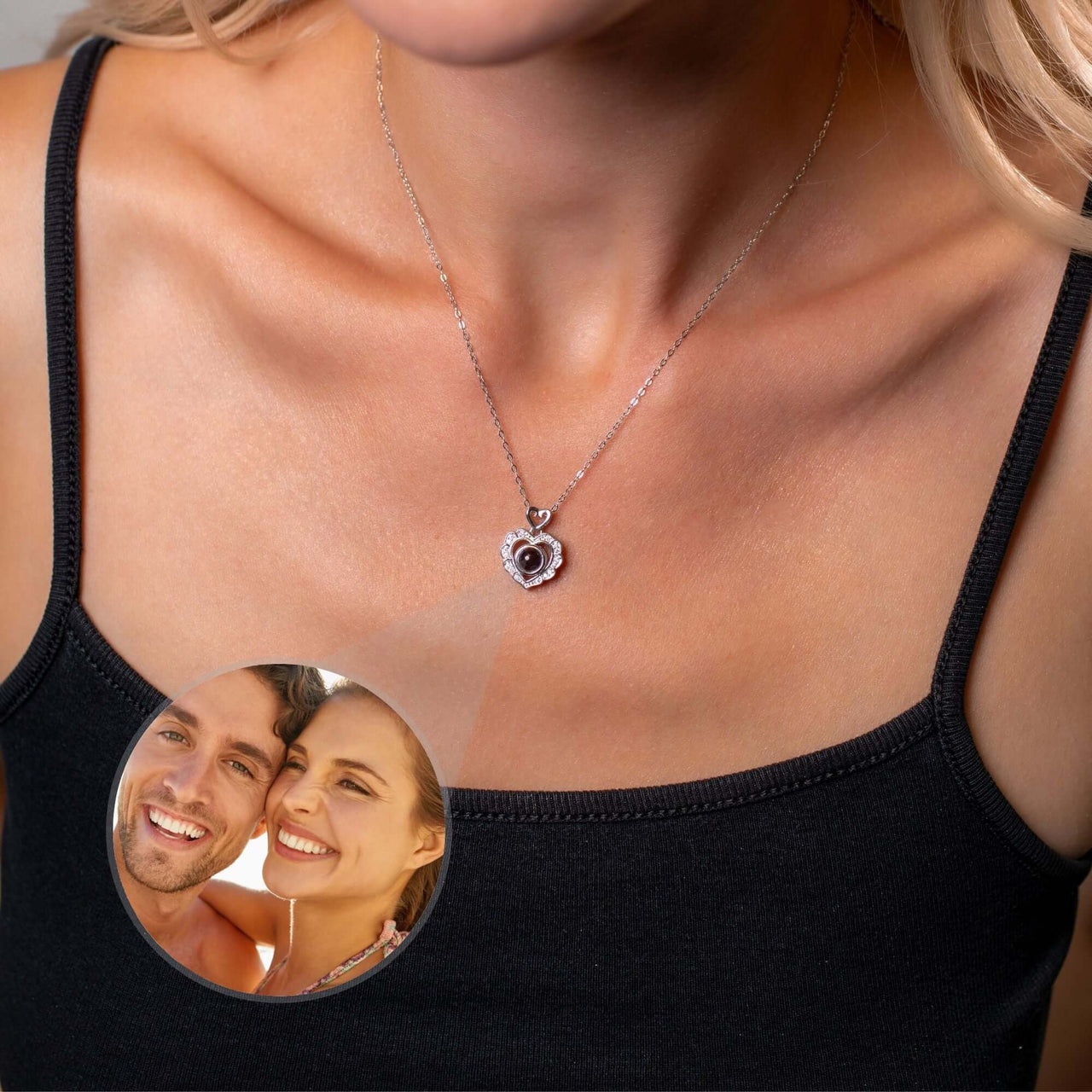 Feminine Photo Necklace worn by a woman, featuring a personalised photo locket with cherished memories, Brother & Sisters.