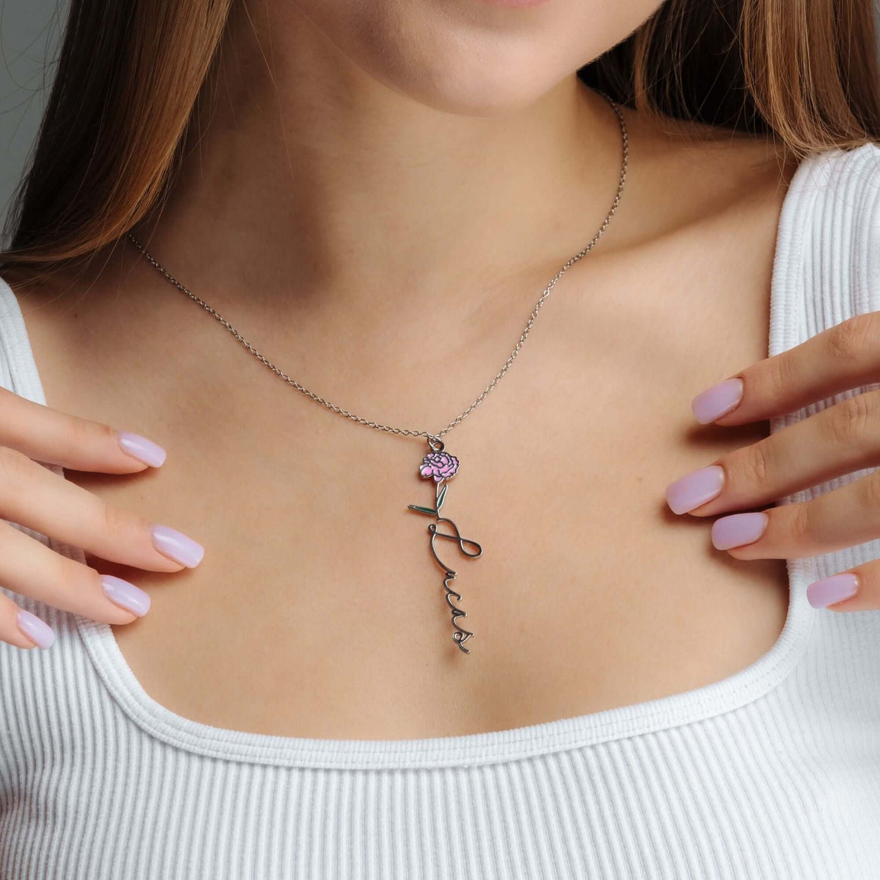 Flower Name Necklace with floral accent worn by model, personalized accessory by Brother & Sisters.