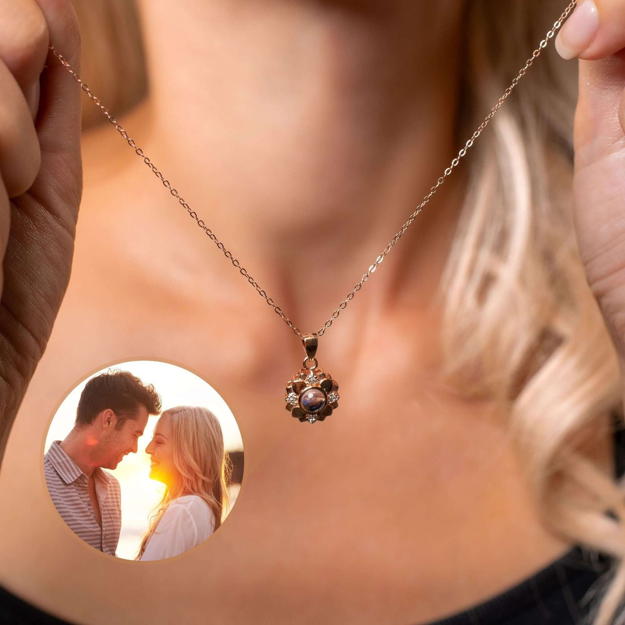 Flower Photo Necklace featuring a personalized photo, crafted by Brother & Sisters, showcasing intricate flower design.