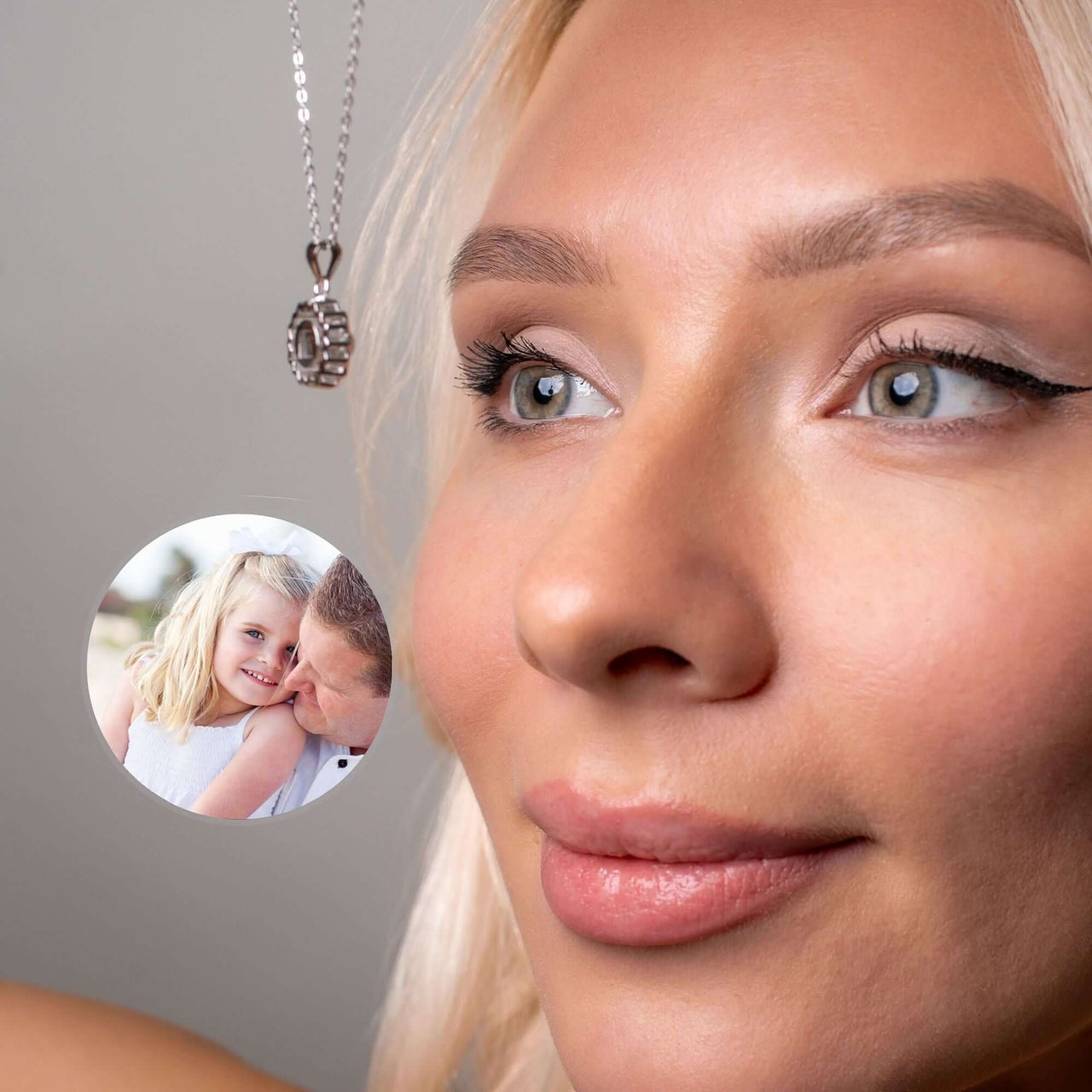Flower Photo Necklace worn by a woman, featuring a custom photo pendant by Brother & Sisters.