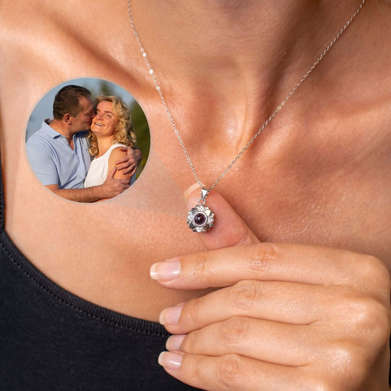 Flower Photo Necklace with custom photo, crafted by Brother & Sisters, perfect for cherishing precious memories.