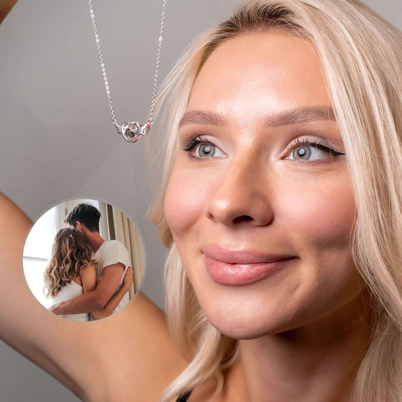 Model wearing a Flying Heart Photo Necklace by Brother & Sisters, showcasing personalized photo pendant and elegant design.