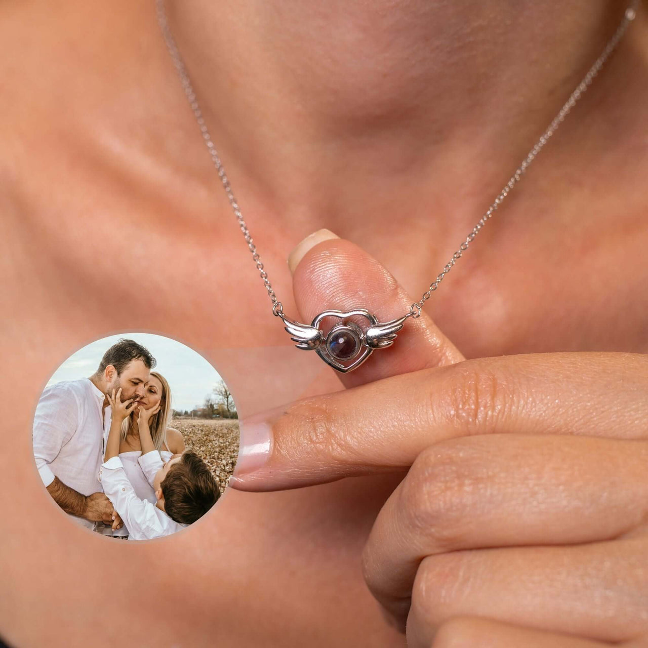Flying Heart Photo Necklace featuring a heart pendant with wings and a personal photo insert by Brother & Sisters.