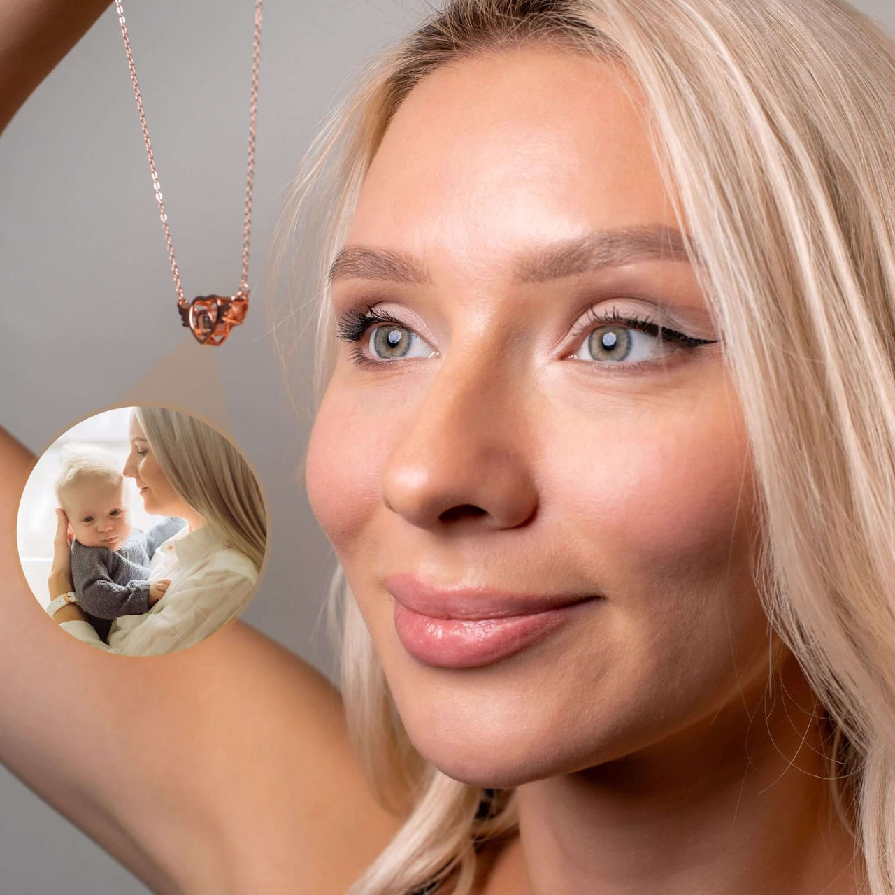 Woman wearing a Flying Heart Photo Necklace by Brother & Sisters, featuring a personal photo charm.